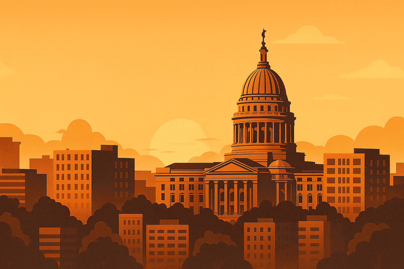 Illustration of the Wisconsin State Capitol over the Madison skyline at sunset